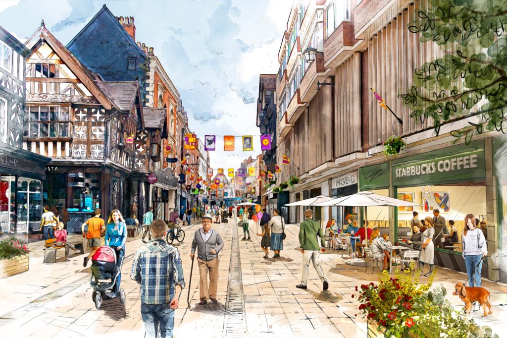 An artists' impression of how High Street might look within an extended pedestrian zone.